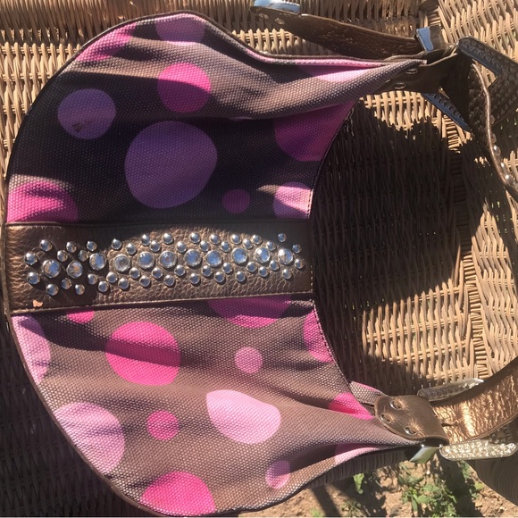 Brown and Pink Polka Dot Belt Buckle Handbag - Picture 5 of 7